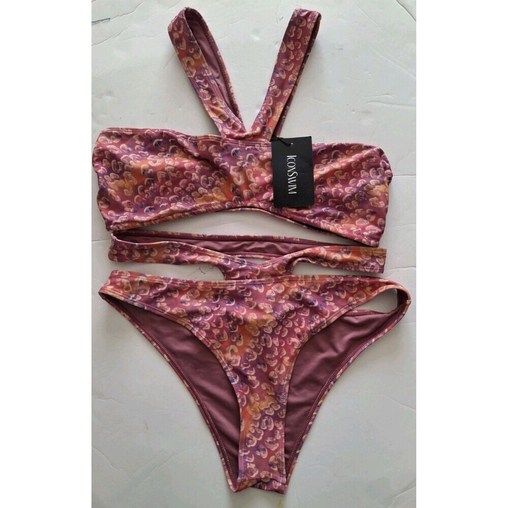 2 PC Bikink Set IconSwim Size XL Purple Strappy Bandeau Swim Pool Beach New